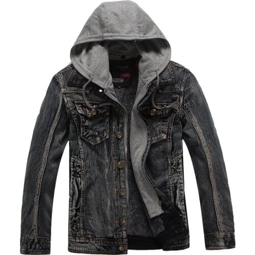 Mens Fall Winter Fleece Hooded Denim Jacketst Streetwear Hip Hop Coat Slim Vintage Casual Mens Clothing Black Denim Coat
