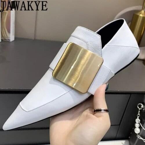Britain -style Pointy Wrap toe Flat Shoes for Women Metal Decorate Genuine Leather kitten Heel Formal Shoes Japanese Shoes Mujer
