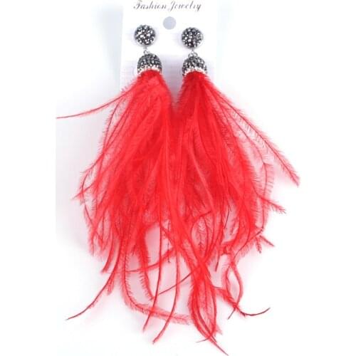New Arrival American Fashion Red Ostrich Feather Long Tassel Drop Earring Winter Jewelry for Women Girls Holiday Party Gift