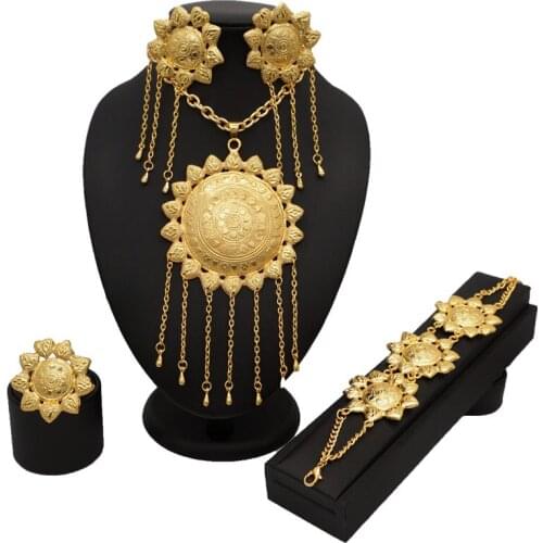 Sexemara gold color geometric cross jewelry set necklace bracelet stud earrings adjustable ring jewelry set for women