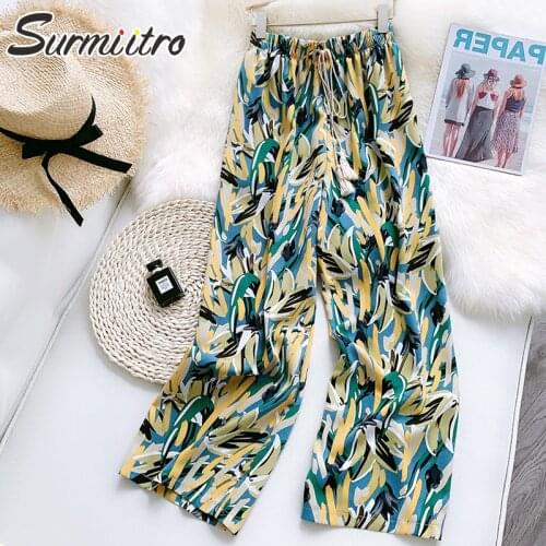 SURMIITRO 2021 Ice Silk Summer Print Long Wide Leg Pants Women Loose Korean Style Loose Floor Length High Waist Trousers Female