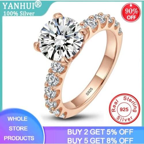YANHUI With Certificate Fashion Rose Gold Color S925 Stamp Sterling Silver Ring White Crystal Zirconia Wedding Engagement Rings