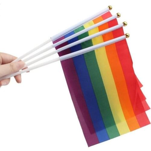 14*21 cm Lesbian LGBT Colorful Rainbow Hand Waving Banners Gay Pride Flag With Plastic Flagpoles LX7912