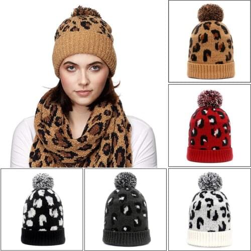 K100 Ladies Dome Knitted Hat 2020 Autumn Winter Beanie New Women Hot Selling Leopard Jacquard Knit Fashion Hair Ball Wool Cap