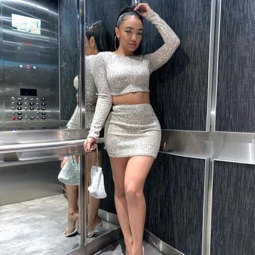 Sequins Long Sleeve Short Tops High Waist Wrap Skirt Summer Two-piece Womens Sexy Casual Vacation Club Costume