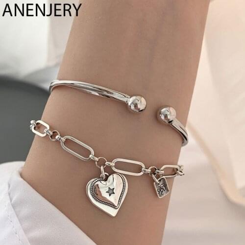 ANENJERY 925 Sterling Silver Wave Bangle Bracelet for Women Love Heart Thai Silver Bracelet Jewelry Gifts S-B476