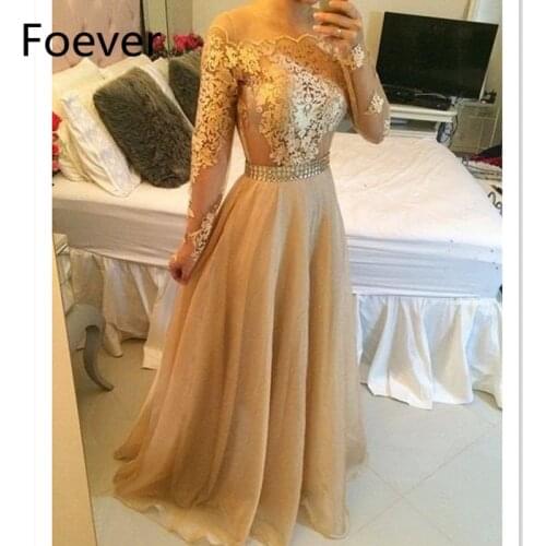 Champagne Gold Lace Evening Dresses Long Sleeve 2019 Robe De Soiree A Line Imported Party Dress Formal Women Prom Gowns