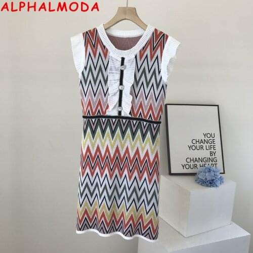 ALPHALMODA 2021 Summer New Zigzag Waving Women Fashion Knitted Tank Dress Sweet Round Collar Pop Diamond Knit Dress Dress