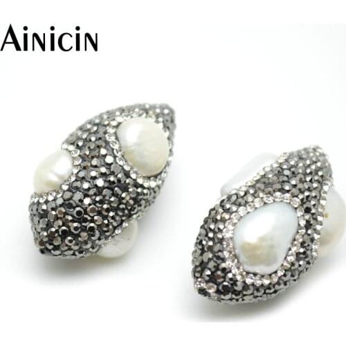 10pcs New Arrival White Pearl With Black Rhinestone Clay Paved Oval Shape Beads 18x35mm Large Size DIY Jewelry Making Materials