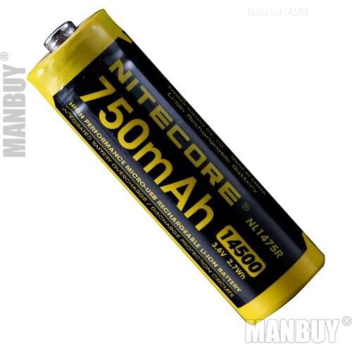 2020 NITECORE NL1475R 750mAh14500 High Performance Micro-USB Rechargeable Li-ion Battery 3.6V 2.7Wh Button Top Protected Battery