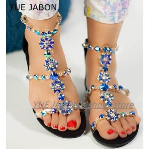 Gladiator Bohemian Sandals Women Crystal Summer Shoes Women Flat Sandals Flip Flops sandalias mujer Gold Blue Summer Ankle Boots