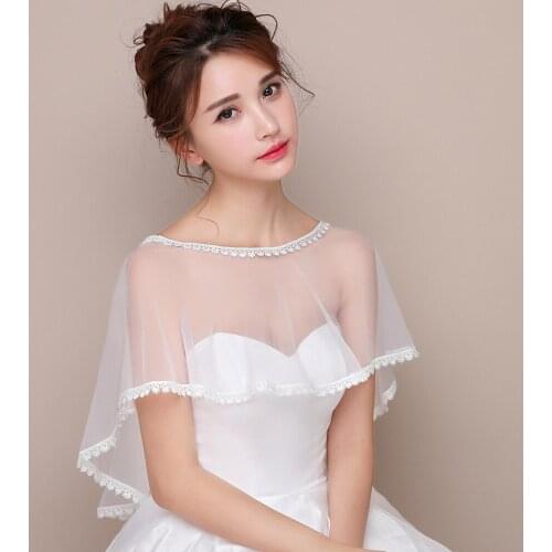 Women Wedding Sheer Tulle Cape Ivory Bridal Shawl O-Neck with Lace Applique Formal Wrap Lady Soft Prom Party Evening Capes