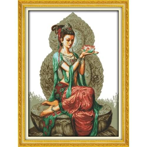 Dunhuang Lotus Female Portrait Cotton Cross stitch kits 11CT Accurate Printed Embroidery DIY Handmade Needlework Home Decor