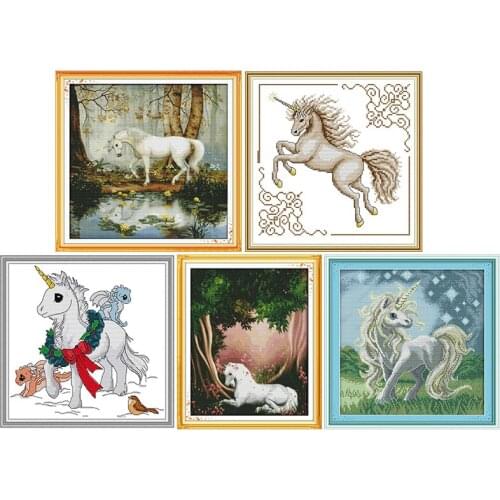 Joy Sunday New Unicorn 3 DMC counted Cross Stitch Set Children Handmade DIY Embroidery Needlework Kit For Gift Home Decorations