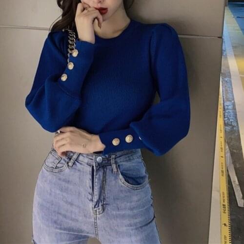 Korean Chic Puff Long Sleeve Knitted Pullovers Office Lady Elegant Solid Bodycon Bottoming Sweaters Fall 2021 All Match Tops