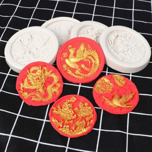 XXFD Dragon Phoenix Peony Flower Round Silicone Mold Resin Casting Jewelry Making Tools Baking Tools