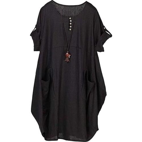 Fashion Womens Linen T-shirt Skirt Round Neck Short Sleeve Comfort Buttons Midi Dress Vestidos Mujer Verano Roupas Femininas