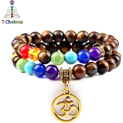 Trendy Om Symbol Pendant Bracelets 2pcs/set 7 Chakra Healing Energy Natural Stone Beads Bracelets Men Women Meditation Jewellery