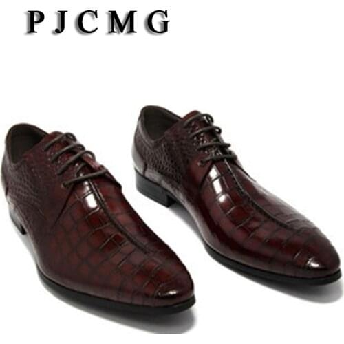 PJCMG oxford shoes Wine Red/ black Lace-Up mens business dress shoes genuine leather pointed toe mens wedding shoes