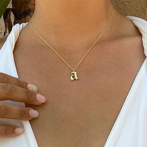 Stainless Steel Old English Letters Necklace Capital Initial A-Z Letter Pendant Necklace Men Vintage Font Necklace Women Jewelry