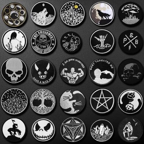 Punk Round badge Black and white Clothe Embroidery Patch Applique Ironing Clothing Sewing Supplies Decorative Badges Patches