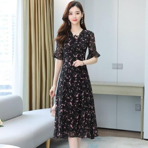 Korea Chic Elegant sweet Temperament V-Neck Full-Screen Small Floral Lace-Up Waist Slimming Puff Sleeve Dress Long Skirt Female
