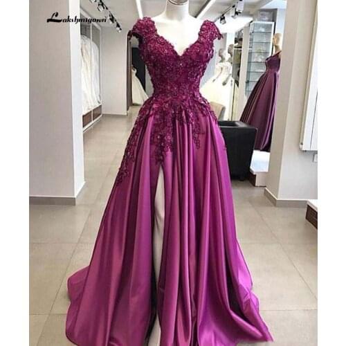 Luxury Purple Prom Dresses Deep V Neck Lace Appliques Beaded Side Split Floor Length Plus Size Mother Evening Quinceanera Party