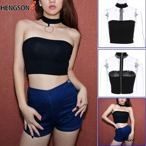 Halter Backless Sexy Camisole T Shirt Sleeveless Strapless Bandeau Tube Top Zipper Summer Black Crop Tops Tees T-shirt