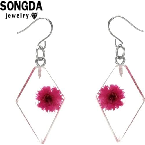 SONGDA Eternal Flower Earrings Rhombus Transparent Glass Style Design With Eternal Flowers Ladies Elegant Pendant Retro Trinket