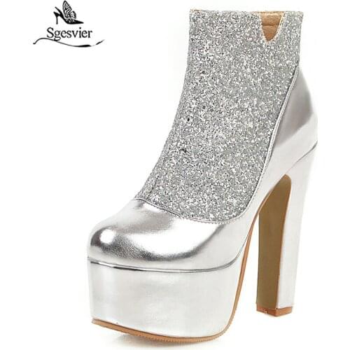 Sgesvier plus size 31-48 fashion ankle boots round toe bling zip super high heels boots elegant autumn winter boots women G778