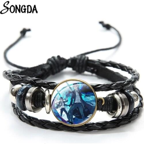 Anime Blue Exorcist Leather Bracelet Ao no Exorcist Rin Okumura Classic Cartoon Pattern Glass Cabochon Bangle Women Jewelry Gift