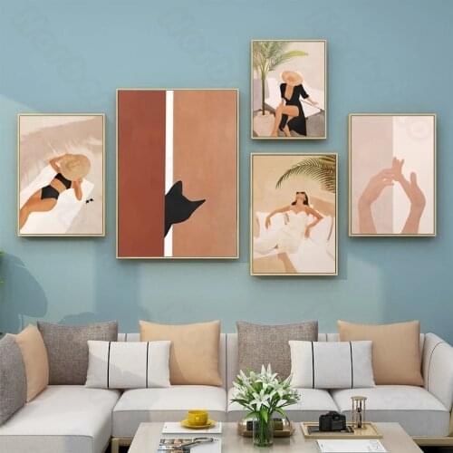 Nordic Canvas Painting Poster Cartoon Pictures Sexy Woman Black Cat Charming Lady with White Clothes Abstract Home Rooms Decorat