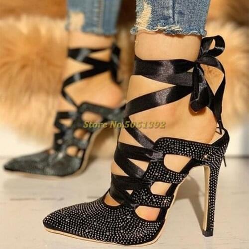 Studded Pointed Toe Lace Up Black Heels Shoes With Rhinestone Embellishments Cut Out Stiletto Heeled Shiny Crystal Sandals