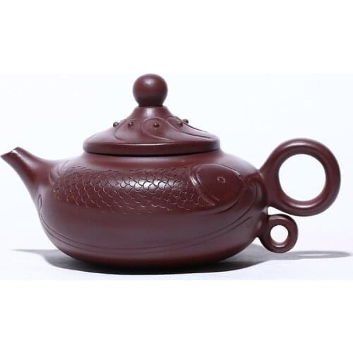 Yixing Purple Clay Tea Pot 300ml Zisha Teapot Raw Ore Purple Red Mud Double Fishes Play Beads Handmade Kung Fu Tea Set