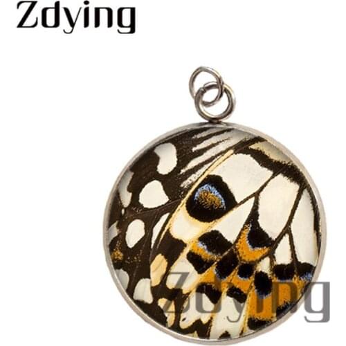 Zdying Fashion Butterfly Wings Stainless Steel Pendants Glass Cabochon Picture Dome Charm Jewelry Accessories Gift W004