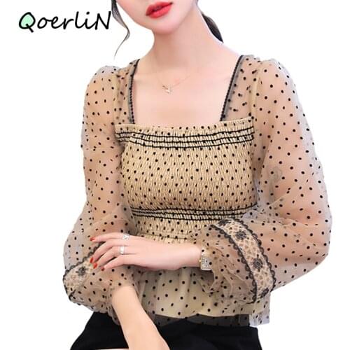 Women Blouse Korean Style Mesh Lantern Sleeve Polka Dot Shirts Square Collar Office Blouse Elegant Ladies Elastic Bust Size Tops