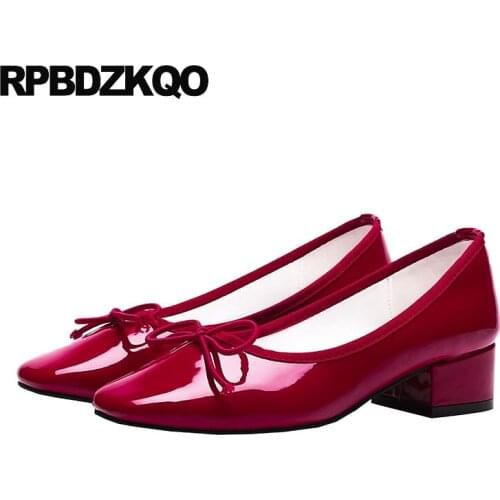 Green thick bow nude pumps patent leather red size 33 slip on chunky 2019 square toe 4 34 kawaii block ladies low heels shoes