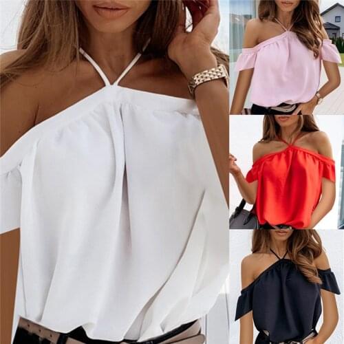 2021 Summer Sling Halter Womens Strapless Halter Top Shirt Sexy Halter Solid Color Top Ladies Elegant Short Sleeve Shirt Blusas