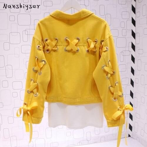 Harajuku Candy Color Bandage Denim Jackets Women Lapel Solid Bow Fashion Autumn Mujer Chaqueta Femme Veste Short Bomber Jacket