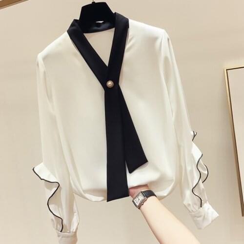 Spring Autumn Womens Blouse Lace V-neck Commuter Long Sleeve Top Korean Style Wild Loose Casual Chiffon shirt Tops LL479