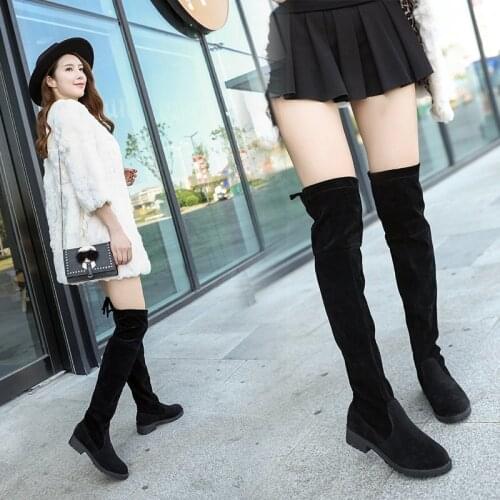 Womens Over-the-knee Thigh Boots Korean Style Solid Color Back Lace Thick Heel Boots