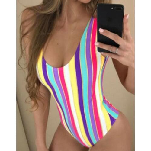 Women One Piece Beach Swimsuit 2019 Mujer Striped Multicolor Swimwear Bathing Monokini Push Up Deep V Bikini