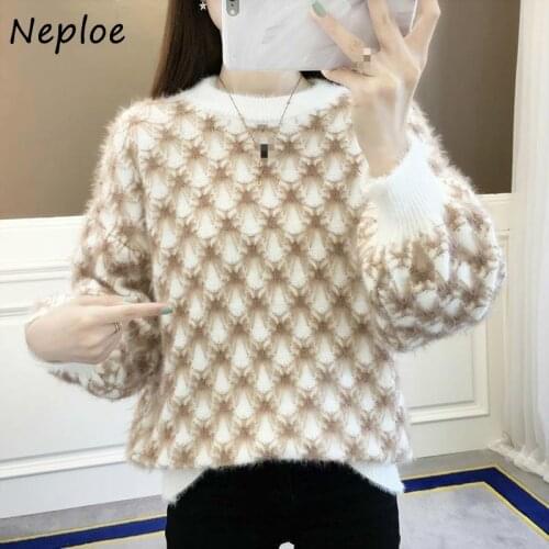 Neploe Plaid Pattern Women Sweater 2021 New Chic Autumn Winter Knitted Tops Fashion O-Neck Lantern Sleeve Femme Pullovers 1F502