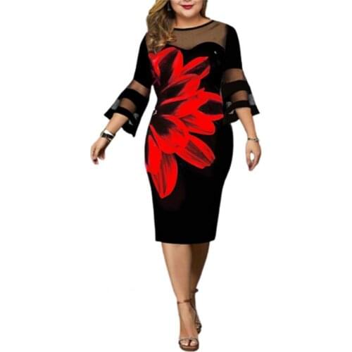 2021 Women Summer Maxi Dress 3/4 Sleeve Mesh Patchwork Floral Print Knee-length Mesh Bodycon Dresses платье