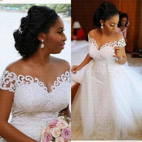 2021 New Off the Shoulder Wedding Dresses Detachable Train White Luxury Lace Arabic African Black Girl Sexy Mermaid Bridal Gowns