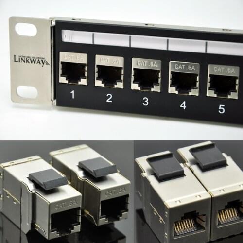 24port CAT6A Feedthrough Patch Panel Full Shielded Incl. 24x C6A female shielded keystone adapter (RJ45 to RJ45 free connection)