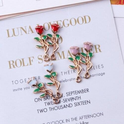 3D Stereo Red Rose Flowers Pendant Gold Korean Charms Elegant DIY Accessories For Handmade Women Jewelry Necklace Bracelets