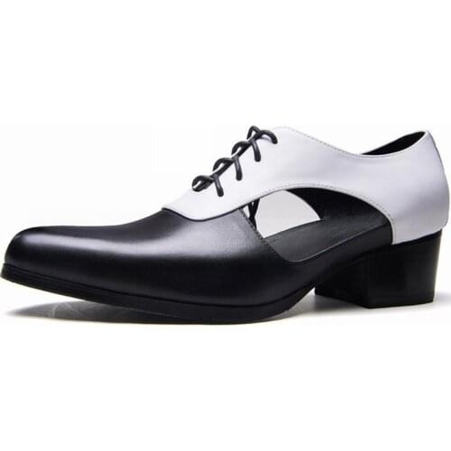 Mens Summer Sandals High Heels Genuine Leather Dress Men Shoes Business Office Work Breathable Hollow Pointed-Toe Shoes Sandals