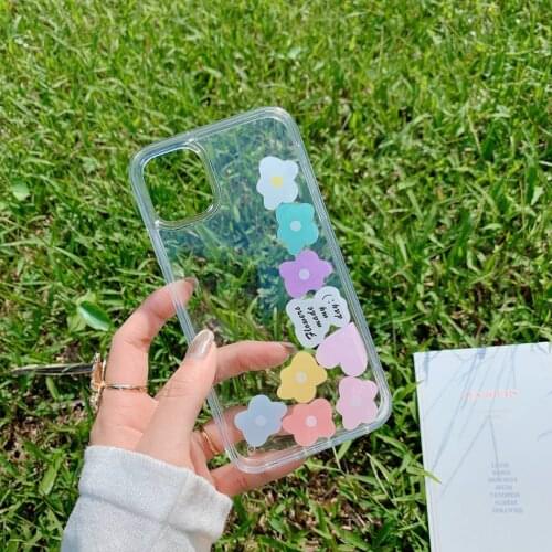 Korean Style Float Flower Phone Case For iPhone 12 11 Pro Max XR XS Max 7 8 Plus SE 2020 Dynamic Letter Transparent Back Cover