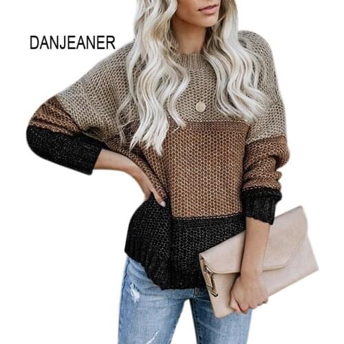DANJEANER 2019 Autumn Winter Striped Patchwork Long Sleeve Pullover Sweater Tops Female Casual Thick Knitted Long Jumpers Coats
